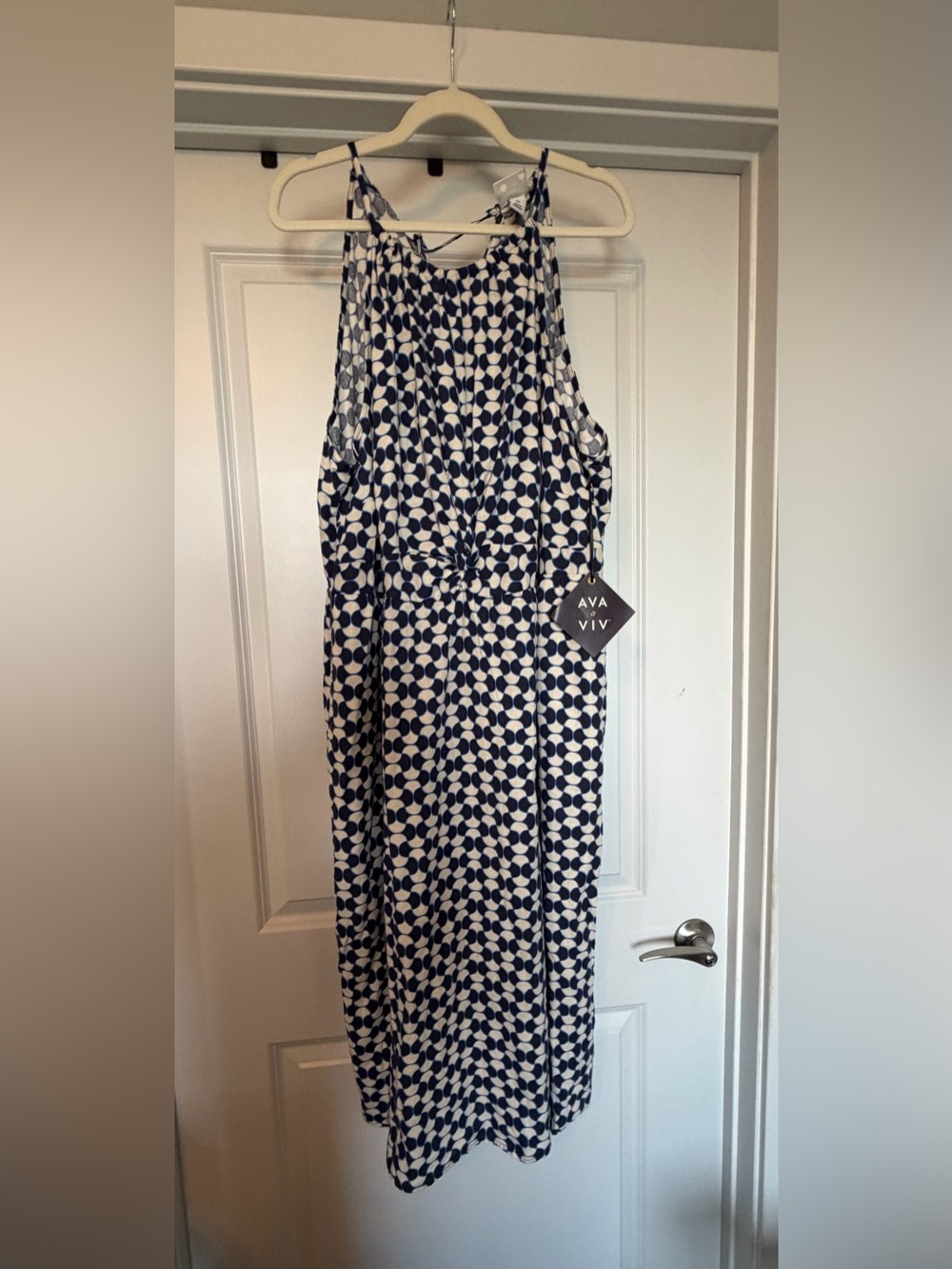 NWT Ava & Viv Blue White Geometric Linen Blend Midi Dress 2X Plus Size